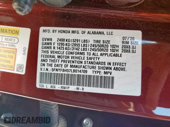 ✅ 2020 Honda Passport EX-L • VIN: 5FNYF8H57LB014709 • Lot: 71562815. Listed on Copart with 73,522 mi. Free auction sales archive from the USA and detailed vehicle history report at DreamBid. Image 13.