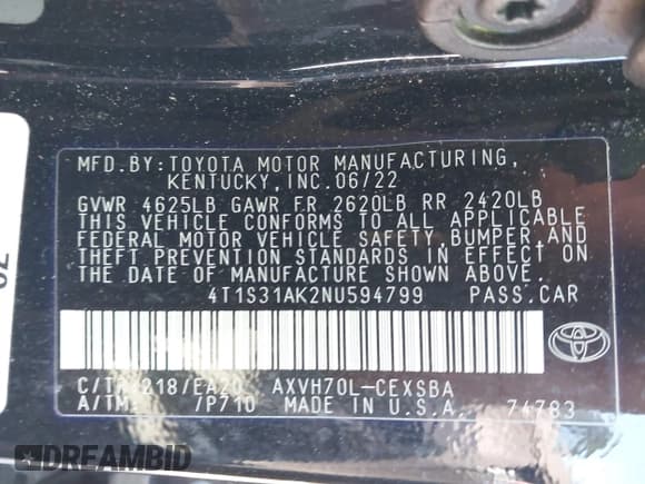 ✅ 2022 Toyota Camry Hybrid SE • VIN: 4T1S31AK2NU594799 • Lot: 43542459. Listed on IAAI with 79,867 mi. Free auction sales archive from the USA and detailed vehicle history report at DreamBid. Image 9.