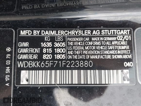 ✅ 2001 Mercedes-Benz SLK 230/320 • VIN: WDBKK65F71F223880 • Lot: 43756946. Listed on IAAI with 127,050 mi. Free auction sales archive from the USA and detailed vehicle history report at DreamBid. Image 9.