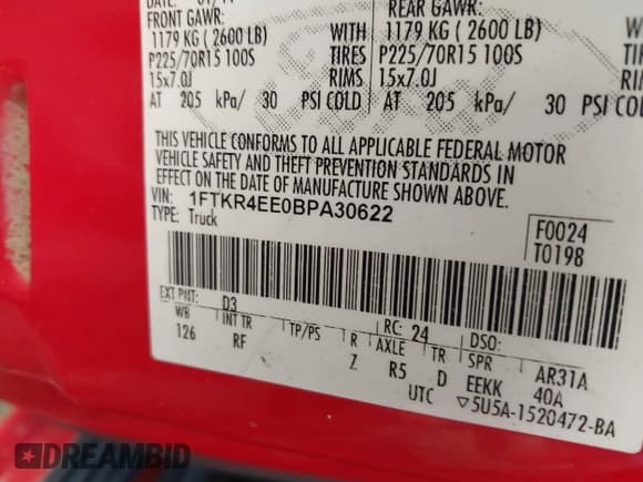 ✅ 2011 Ford Ranger XLT • VIN: 1FTKR4EE0BPA30622 • Lot: 41670960. Listed on IAAI with Not provided. Free auction sales archive from the USA and detailed vehicle history report at DreamBid. Image 9.