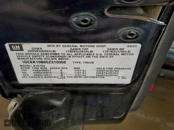 ✅ 2005 Chevrolet Silverado 1500 Z71 • VIN: 1GCEK19B65Z310358 • Lot: 93119385. Listed on Copart with 117,096 mi. Free auction sales archive from the USA and detailed vehicle history report at DreamBid. Image 12.