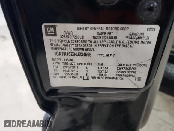 ✅ 2004 Chevrolet Suburban LS • VIN: 1GNFK16Z94J234595 • Лот: 46454795. Опубликован ранее на Copart с пробегом 270 810 миль. Бесплатный доступ к архиву аукционных продаж из США и подробный отчёт об истории автомобиля на DreamBid. Изображение 13.