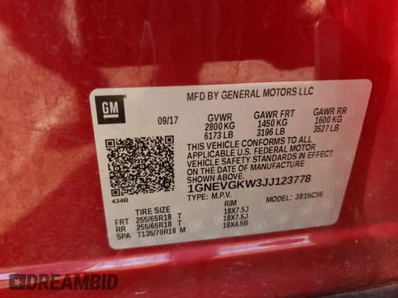 ✅ 2018 Chevrolet Traverse LT Cloth • VIN: 1GNEVGKW3JJ123778 • Lot: 87417585. Wystawiony na Copart z przebiegiem 184 288 mil. Bezpłatny archiwum sprzedaży aukcyjnych z USA i szczegółowy raport historii pojazdu na DreamBid. Zdjęcie 13.