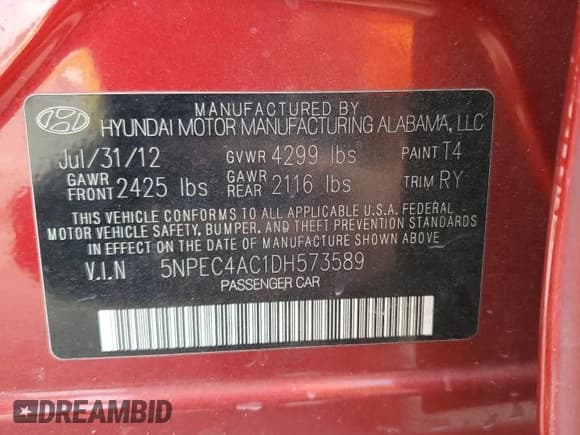 ✅ 2013 Hyundai Sonata SE • VIN: 5NPEC4AC1DH573589 • Lot: 74302984. Listed on Copart with 132,069 mi. Free auction sales archive from the USA and detailed vehicle history report at DreamBid. Image 14.