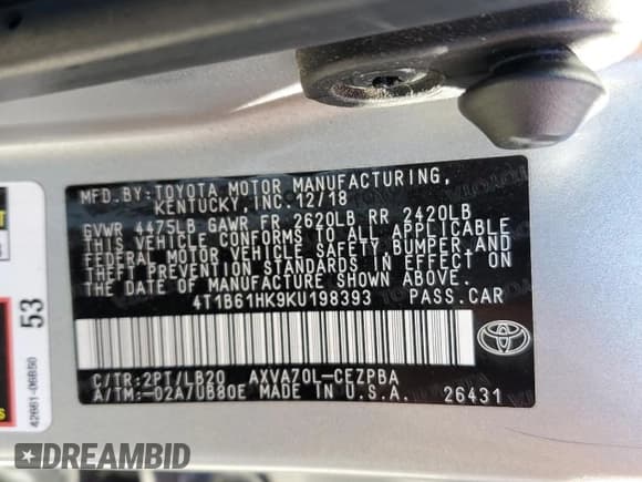 ✅ 2019 Toyota Camry XSE • VIN: 4T1B61HK9KU198393 • Lot: 91930375. Listed on Copart with 64,298 mi. Free auction sales archive from the USA and detailed vehicle history report at DreamBid. Image 13.