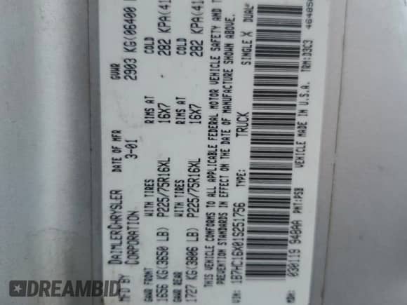 2001 Dodge 1500 Work Special с VIN 1B7HC16X01S251756, выставлен на аукционе Copart как лот 69601394 с пробегом 235 982 миль миль и На запчасти • Non repairable. История ставок и продаж доступна на DreamBid. Изображение 14.