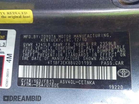 ✅ 2011 Toyota Camry LE • VIN: 4T1BF3EK8BU201199 • Лот: 43485746. Опубликован ранее на IAAI с пробегом 197 084 миль. Бесплатный доступ к архиву аукционных продаж из США и подробный отчёт об истории автомобиля на DreamBid. Изображение 9.