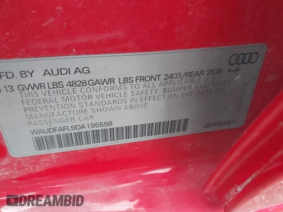 ✅ 2013 Audi A4 Premium • VIN: WAUDFAFL9DA195598 • Lot: 42161395. Listed on IAAI with 96,917 mi. Free auction sales archive from the USA and detailed vehicle history report at DreamBid. Image 9.