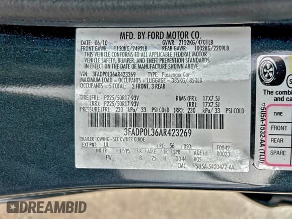 ✅ 2010 Ford Fusion Hybrid • VIN: 3FADP0L36AR423269 • Lot: 95870955. Wystawiony na Copart z przebiegiem 48 855 mil. Bezpłatny archiwum sprzedaży aukcyjnych z USA i szczegółowy raport historii pojazdu na DreamBid. Zdjęcie 10.