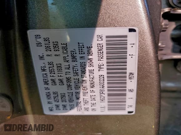 ✅ 2010 Honda Accord EX-L • VIN: 1HGCP3F81AA002229 • Lot: 94864085. Listed on Copart with 207,624 mi. Free auction sales archive from the USA and detailed vehicle history report at DreamBid. Image 12.