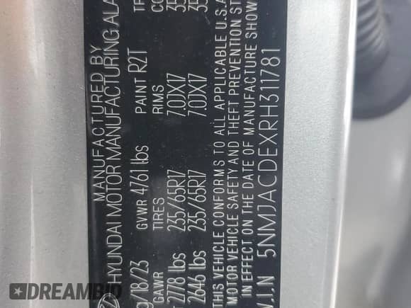 2024 Hyundai Tucson SE с VIN 5NMJACDEXRH311781, выставлен на аукционе Copart как лот 81000215 с пробегом 57 195 миль миль и Списание • Salvage title. История ставок и продаж доступна на DreamBid. Изображение 13.