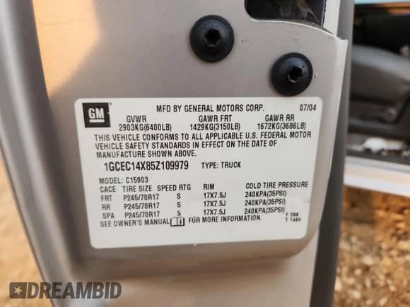2005 Chevrolet Silverado 1500 Work Truck z VIN 1GCEC14X85Z109979, wystawiony jako Copart lot #71850795 z przebiegiem 129 572 mil mil oraz Szkoda całkowita • Salvage title. Historia ofert i sprzedaży dostępna na DreamBid. Obrazek 13.