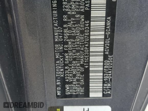 ✅ 2007 Toyota Solara SE • VIN: 4T1CE30P47U760346 • Lot: 85370145. Listed on Copart with 203,938 mi. Free auction sales archive from the USA and detailed vehicle history report at DreamBid. Image 13.