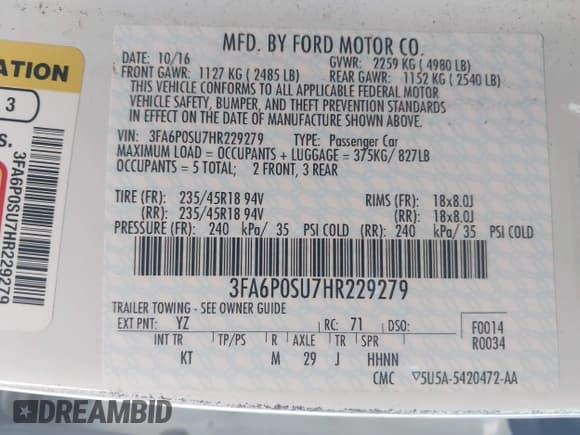 ✅ 2017 Ford Fusion Titanium • VIN: 3FA6P0SU7HR229279 • Lot: 43426756. Listed on IAAI with 98,062 mi. Free auction sales archive from the USA and detailed vehicle history report at DreamBid. Image 9.