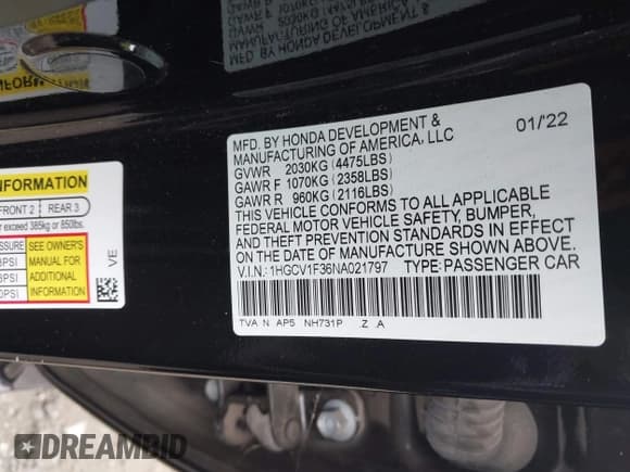 ✅ 2022 Honda Accord Sport • VIN: 1HGCV1F36NA021797 • Lot: 43362306. Listed on IAAI with 44,153 mi. Free auction sales archive from the USA and detailed vehicle history report at DreamBid. Image 9.