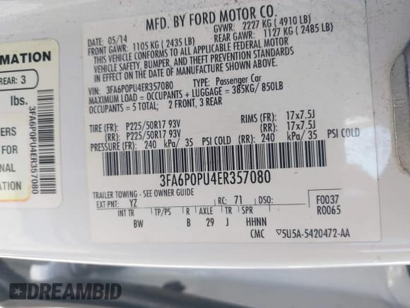 ✅ 2014 Ford Fusion SE Luxury • VIN: 3FA6P0PU4ER357080 • Lot: 42489558. Listed on IAAI with 132,260 mi. Free auction sales archive from the USA and detailed vehicle history report at DreamBid. Image 9.