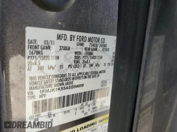 ✅ 2010 Ford Expedition Max Limited • VIN: 1FMJK1K55AEB54958 • Lot: 77677284. Listed on Copart with 205,426 mi. Free auction sales archive from the USA and detailed vehicle history report at DreamBid. Image 15.