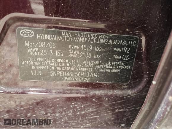 2006 Hyundai Sonata GLS z VIN 5NPEU46F56H137041, wystawiony jako Copart lot #49438814 z przebiegiem 121 015 mil mil oraz Szkoda całkowita • Salvage title. Historia ofert i sprzedaży dostępna na DreamBid. Obrazek 14.