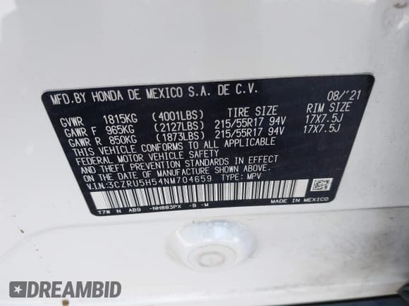 ✅ 2022 Honda HR-V EX • VIN: 3CZRU5H54NM704659 • Lot: 43582145. Wystawiony na IAAI z przebiegiem 69 194 mil. Bezpłatny archiwum sprzedaży aukcyjnych z USA i szczegółowy raport historii pojazdu na DreamBid. Zdjęcie 9.