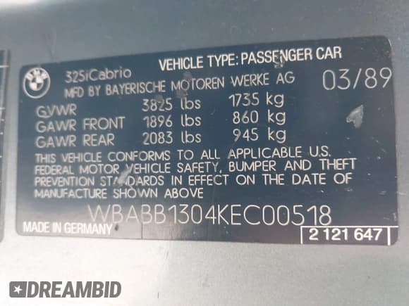✅ 1989 BMW 3 Series • VIN: WBABB1304KEC00518 • Lot: 43656179. Listed on IAAI with 102,057 mi. Free auction sales archive from the USA and detailed vehicle history report at DreamBid. Image 9.