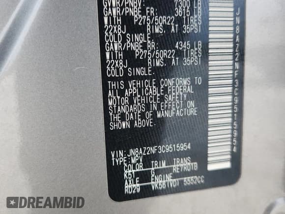 ✅ 2012 Infiniti QX56 7-passenger • VIN: JN8AZ2NF3C9515954 • Лот: 85329145. Опубликован ранее на Copart с пробегом 261 139 миль. Бесплатный доступ к архиву аукционных продаж из США и подробный отчёт об истории автомобиля на DreamBid. Изображение 13.