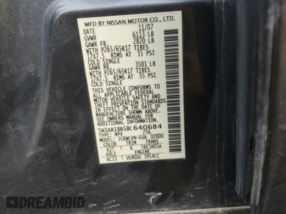 ✅ 2008 Nissan Pathfinder SE • VIN: 5N1AR18B58C640684 • Lot: 86684405. Listed on Copart with 169,990 mi. Free auction sales archive from the USA and detailed vehicle history report at DreamBid. Image 14.