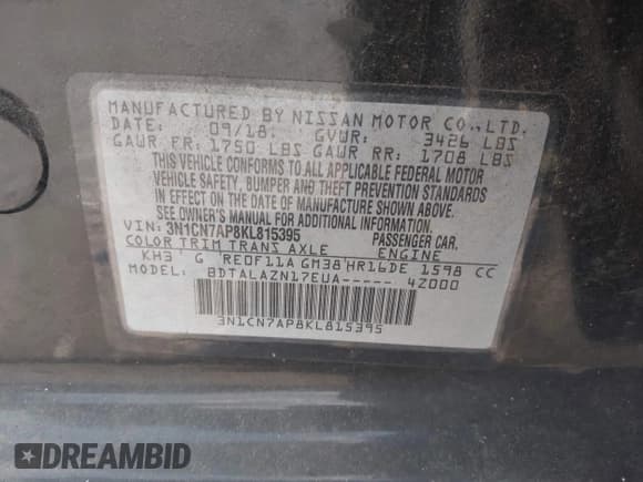 ✅ 2019 Nissan Versa S Plus • VIN: 3N1CN7AP8KL815395 • Лот: 43241003. Опубликован ранее на IAAI с пробегом 71 586 миль. Бесплатный доступ к архиву аукционных продаж из США и подробный отчёт об истории автомобиля на DreamBid. Изображение 9.