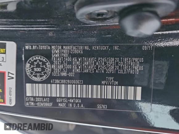 ✅ 2011 Toyota Venza • VIN: 4T3BK3BB2BU060623 • Lot: 95096155. Listed on Copart with 241,328 mi. Free auction sales archive from the USA and detailed vehicle history report at DreamBid. Image 13.