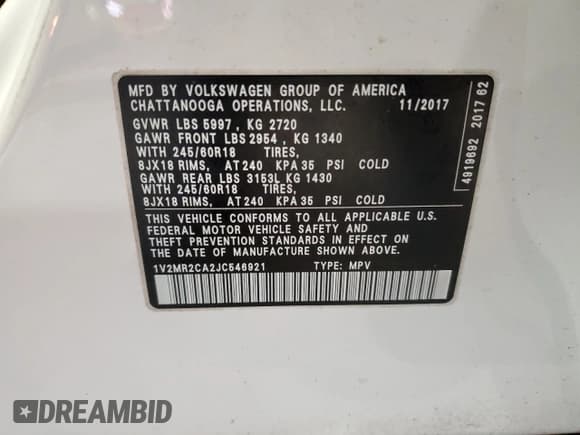 ✅ 2018 Volkswagen Atlas SEL • VIN: 1V2MR2CA2JC546921 • Лот: 72082975. Опубликован ранее на Copart с пробегом 86 136 миль. Бесплатный доступ к архиву аукционных продаж из США и подробный отчёт об истории автомобиля на DreamBid. Изображение 13.