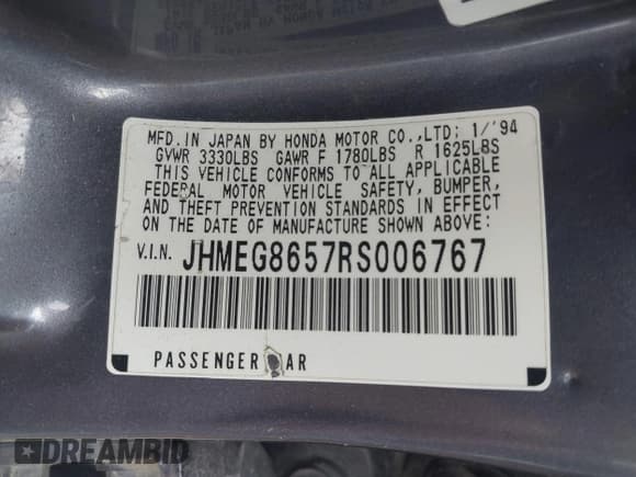 ✅ 1994 Honda Civic LX • VIN: JHMEG8657RS006767 • Lot: 42620635. Listed on IAAI with 193,402 mi. Free auction sales archive from the USA and detailed vehicle history report at DreamBid. Image 9.