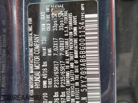 ✅ 2011 Hyundai Santa Fe GLS • VIN: 5XYZG3AB6BG001154 • Lot: 72213474. Listed on Copart with 149,954 mi. Free auction sales archive from the USA and detailed vehicle history report at DreamBid. Image 13.