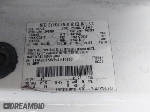 ✅ 2004 Ford Expedition Special Service • VIN: 1FMRU15W94LA14963 • Lot: 43307568. Wystawiony na IAAI z przebiegiem 143 736 mil. Bezpłatny archiwum sprzedaży aukcyjnych z USA i szczegółowy raport historii pojazdu na DreamBid. Zdjęcie 9.