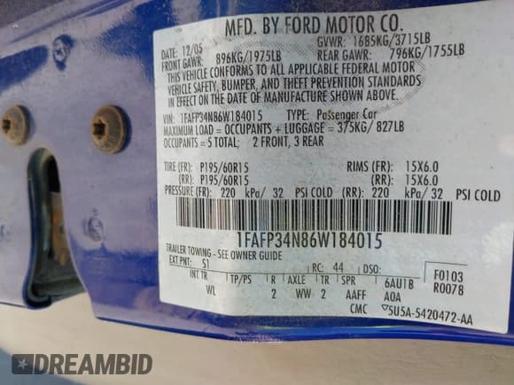 ✅ 2006 Ford Focus S • VIN: 1FAFP34N86W184015 • Lot: 41832666. Wystawiony na IAAI z przebiegiem 75 967 mil. Bezpłatny archiwum sprzedaży aukcyjnych z USA i szczegółowy raport historii pojazdu na DreamBid. Zdjęcie 9.