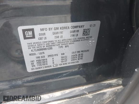 ✅ 2022 Chevrolet Trax LS • VIN: KL7CJNSM8NB512265 • Лот: 42681858. Опубликован ранее на IAAI с пробегом 29 307 миль. Бесплатный доступ к архиву аукционных продаж из США и подробный отчёт об истории автомобиля на DreamBid. Изображение 9.