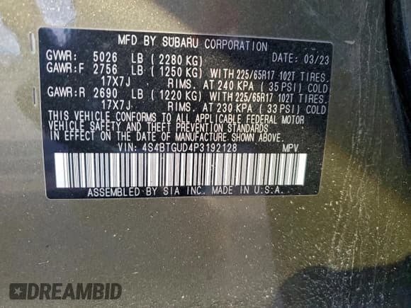 ✅ 2023 Subaru Outback Wilderness • VIN: 4S4BTGUD4P3192128 • Lot: 95036615. Listed on Copart with 42,919 mi. Free auction sales archive from the USA and detailed vehicle history report at DreamBid. Image 13.