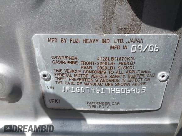 ✅ 2007 Subaru Impreza WRX • VIN: JF1GD74617H506965 • Lot: 41942978. Listed on IAAI with 108,935 mi. Free auction sales archive from the USA and detailed vehicle history report at DreamBid. Image 9.