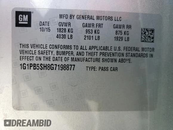 ✅ 2016 Chevrolet Cruze LS • VIN: 1G1PB5SH8G7198877 • Lot: 51341985. Listed on Copart with 82,169 mi. Free auction sales archive from the USA and detailed vehicle history report at DreamBid. Image 13.