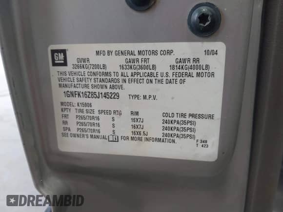 2005 Chevrolet Suburban LS z VIN 1GNFK16Z85J145229, wystawiony jako IAAI lot #42706478 z przebiegiem 198 500 mil mil oraz . Historia ofert i sprzedaży dostępna na DreamBid. Obrazek 9.