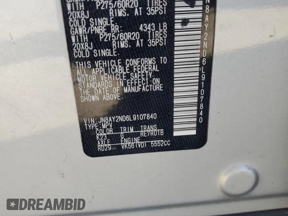 ✅ 2020 Nissan Armada SL • VIN: JN8AY2ND6L9107840 • Lot: 86624605. Wystawiony na Copart z przebiegiem 114 570 mil. Bezpłatny archiwum sprzedaży aukcyjnych z USA i szczegółowy raport historii pojazdu na DreamBid. Zdjęcie 13.