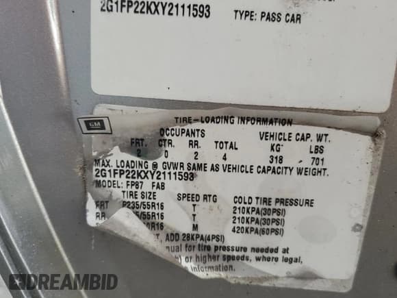 ✅ 2000 Chevrolet Camaro • VIN: 2G1FP22KXY2111593 • Lot: 57527905. Wystawiony na Copart z przebiegiem 167 684 mil. Bezpłatny archiwum sprzedaży aukcyjnych z USA i szczegółowy raport historii pojazdu na DreamBid. Zdjęcie 12.