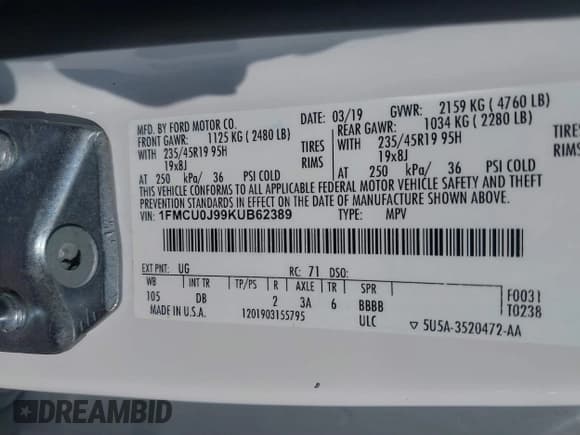 ✅ 2019 Ford Escape Titanium • VIN: 1FMCU0J99KUB62389 • Lot: 41792898. Listed on IAAI with 91,534 mi. Free auction sales archive from the USA and detailed vehicle history report at DreamBid. Image 9.