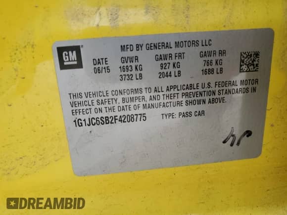 2015 Chevrolet Sonic LT с VIN 1G1JC6SB2F4208775, выставлен на аукционе Copart как лот 65245085 с пробегом 119 936 миль миль и Чистый • Clean title. История ставок и продаж доступна на DreamBid. Изображение 12.