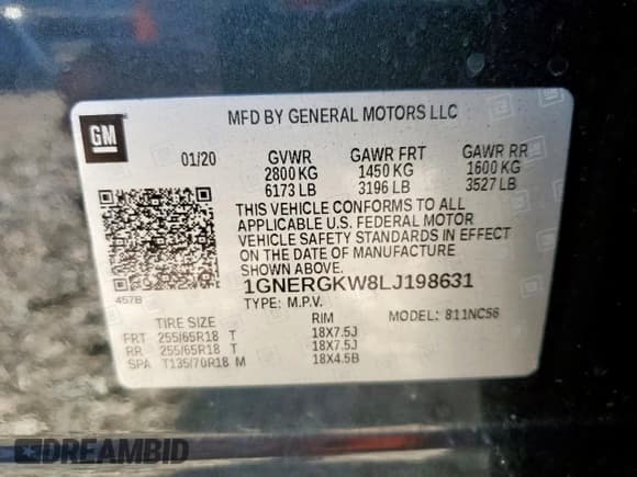 ✅ 2020 Chevrolet Traverse LT Cloth • VIN: 1GNERGKW8LJ198631 • Lot: 90979645. Listed on Copart with 134,662 mi. Free auction sales archive from the USA and detailed vehicle history report at DreamBid. Image 13.