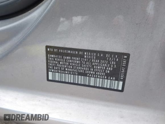 ✅ 2020 Volkswagen Jetta SEL • VIN: 3VWEB7BU4LM010179 • Lot: 42115470. Listed on IAAI with 51,214 mi. Free auction sales archive from the USA and detailed vehicle history report at DreamBid. Image 9.