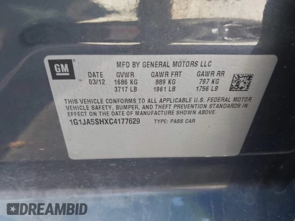 ✅ 2012 Chevrolet Sonic LS • VIN: 1G1JA5SHXC4177629 • Lot: 43661059. Listed on IAAI with 144,952 mi. Free auction sales archive from the USA and detailed vehicle history report at DreamBid. Image 9.