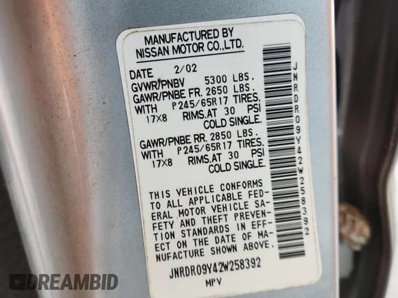 ✅ 2002 Infiniti QX4 Luxury • VIN: JNRDR09Y42W258392 • Lot: 64938145. Listed on Copart with Not provided. Free auction sales archive from the USA and detailed vehicle history report at DreamBid. Image 13.