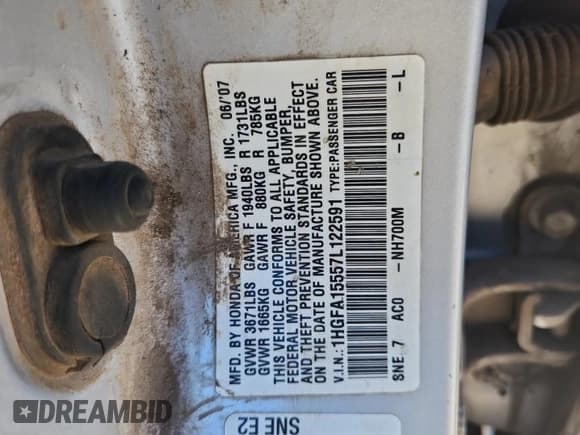 ✅ 2007 Honda Civic LX • VIN: 1HGFA15557L122591 • Лот: 85314705. Опубликован ранее на Copart с пробегом Не указан. Бесплатный доступ к архиву аукционных продаж из США и подробный отчёт об истории автомобиля на DreamBid. Изображение 12.