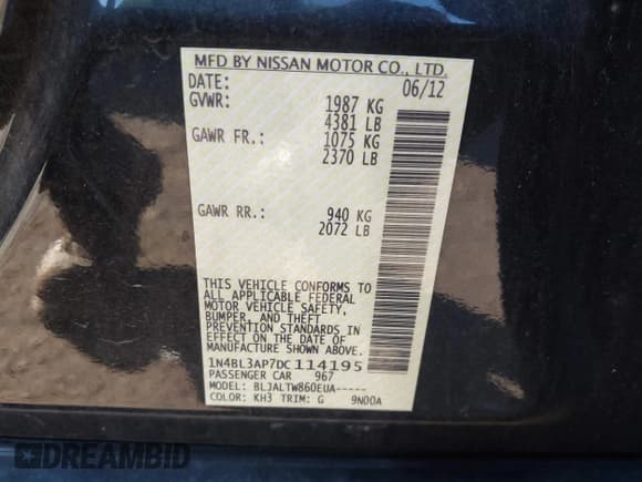 ✅ 2013 Nissan Altima SL • VIN: 1N4BL3AP7DC114195 • Lot: 43627463. Listed on IAAI with 150,737 mi. Free auction sales archive from the USA and detailed vehicle history report at DreamBid. Image 9.