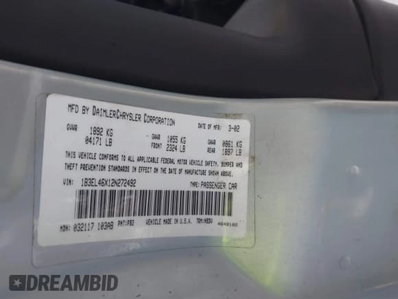✅ 2002 Dodge Stratus SXT • VIN: 1B3EL46X12N272492 • Lot: 41174253. Wystawiony na IAAI z przebiegiem 139 224 mil. Bezpłatny archiwum sprzedaży aukcyjnych z USA i szczegółowy raport historii pojazdu na DreamBid. Zdjęcie 9.