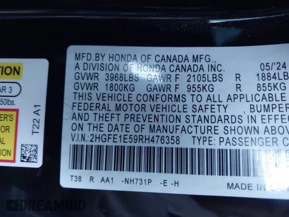 ✅ 2024 Honda Civic Si • VIN: 2HGFE1E59RH476358 • Лот: 43693446. Опубликован ранее на IAAI с пробегом 28 234 миль. Бесплатный доступ к архиву аукционных продаж из США и подробный отчёт об истории автомобиля на DreamBid. Изображение 9.